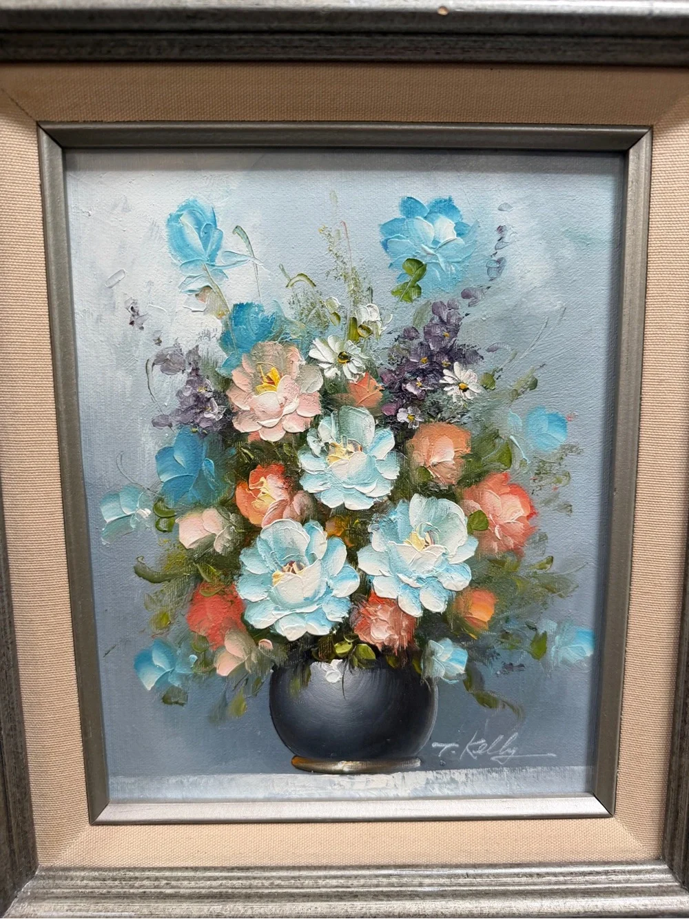 Vintage T Kelly Original Oil Painting Bouquet Wall Art - Blue Orange and Cream